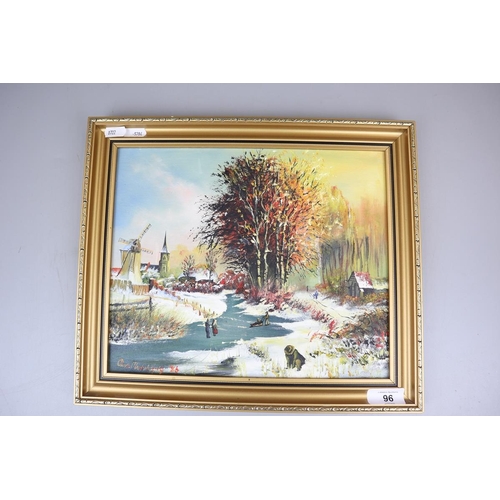 96 - Oil on board winter scene by Clive Mainwaring together with 6 miniatures