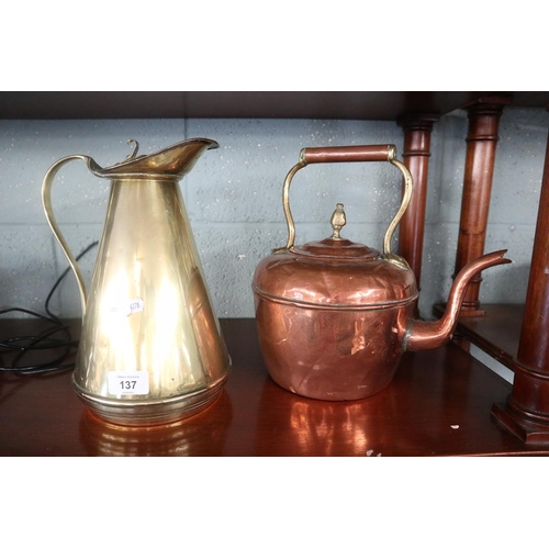 137 - Copper kettle with brass jug