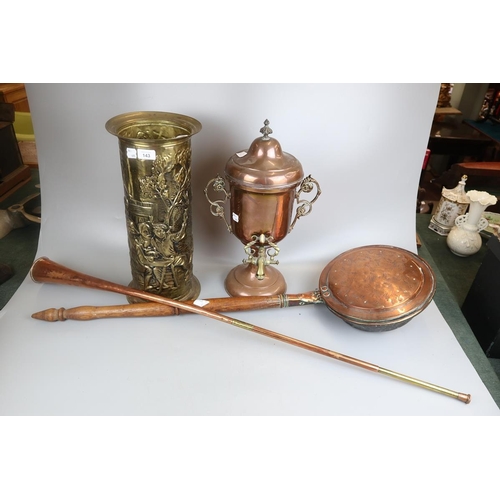 143 - Copper samovar, bed warmer, horn and brass stick stand