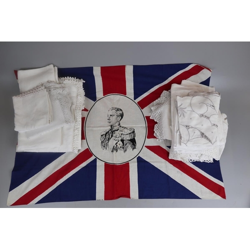 144 - Collection of vintage linen to include Edward VIII Union flag