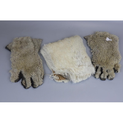 161 - Pair of rabbit fur and leather gloves together with pouch