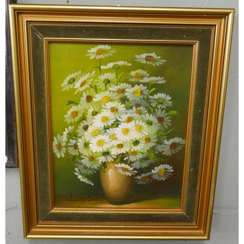 215 - Nancy Lee - Oil on canvas - Daisies - Approx image size: 19cm x 24cm