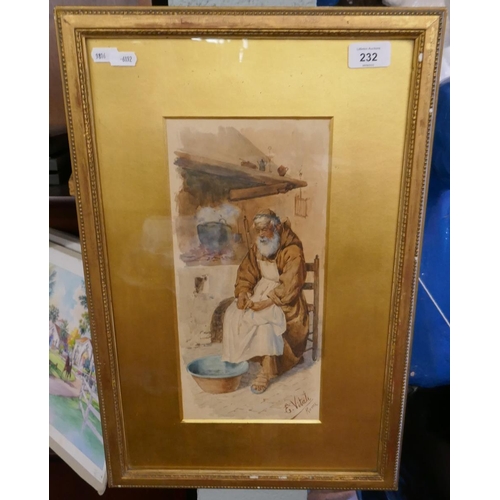 232 - Watercolour of monk - Signed E. Vitali Rome - Approx image size: 15cm x 33cm