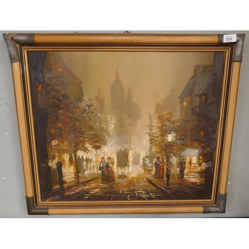 235 - Oil on canvas - Street scene signed J Hughes - Approx image size: 60cm x 50cm