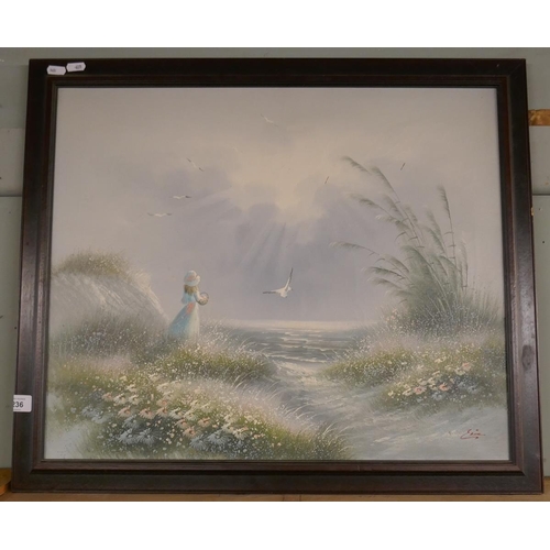 236 - Oil on canvas - Girl on the beach - Approx image size: 60cm x 49cm