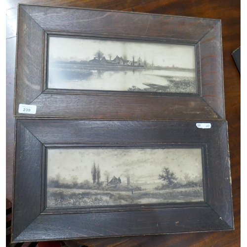 239 - Pair of black and white prints in oak frames