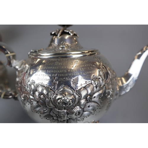 103 - 3 piece old Sheffield silver plate tea service presented to colour sergeant Miller dated 1887 possib... 