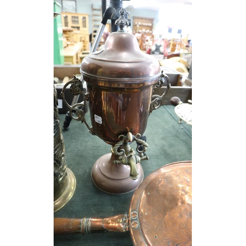 143 - Copper samovar, bed warmer, horn and brass stick stand