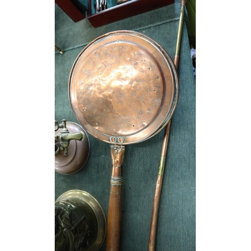 143 - Copper samovar, bed warmer, horn and brass stick stand