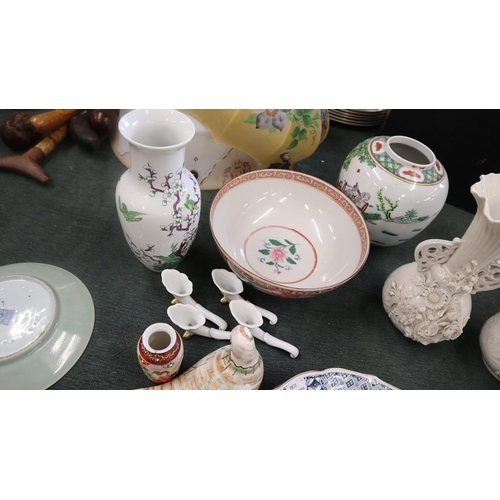 167 - Collection of ceramics - Mostly Oriental to include pair of Belleek vases