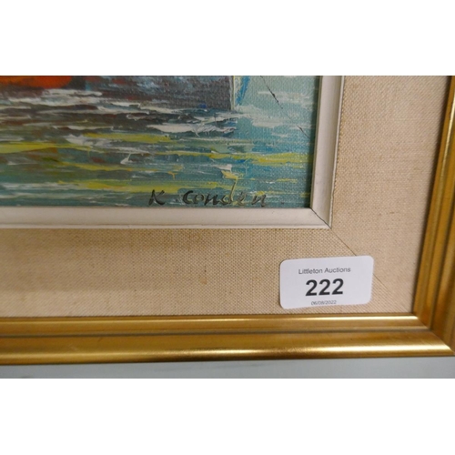 222 - Oil on canvas - Nautical scene K Conden - Approx image size: 24cm x 19cm