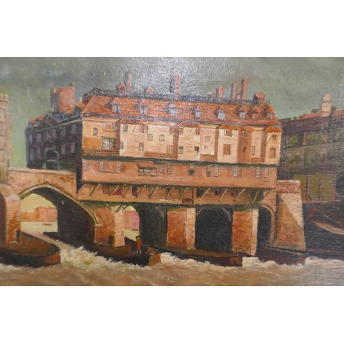 250 - Oil on board - Old London Bridge by Samuel Scott - Approx image size: 97cm x 31cm