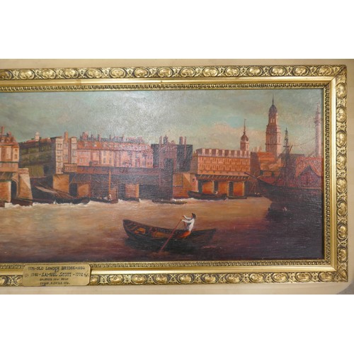 250 - Oil on board - Old London Bridge by Samuel Scott - Approx image size: 97cm x 31cm