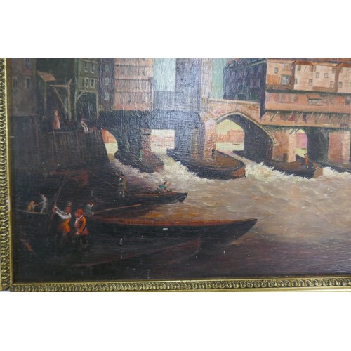 250 - Oil on board - Old London Bridge by Samuel Scott - Approx image size: 97cm x 31cm