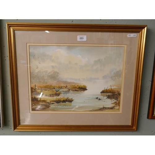 253 - Watercolour by Renee Nash - Fishing scene - Approx image size: 40cm x 29cm