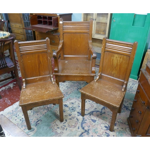 294 - 3 Gothic style pitch pine chairs