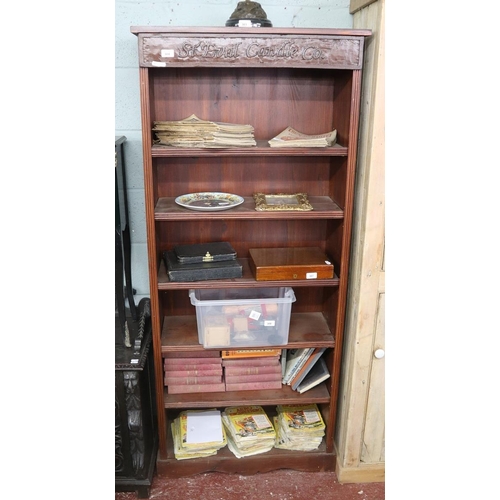 304 - Tall bookcase with carved advertising panel attached - St Eval Candle Co. - Approx size: W: 74cm D:3... 