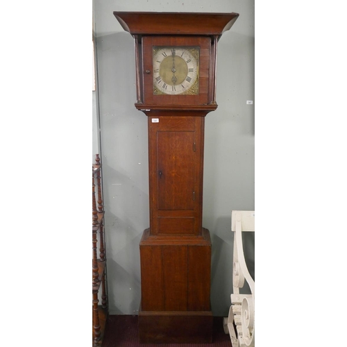 338 - Oak brass faced country house grandfather clock in working order