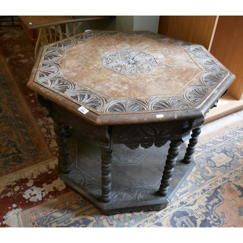 408 - Carved oak 2 tier octagonal centre table