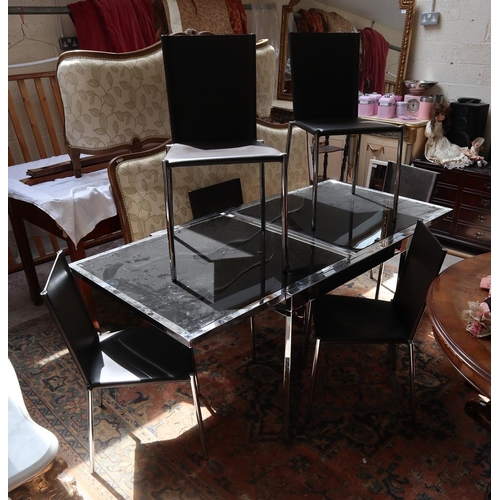 425 - Metal and glass dining table together with 6 leather chairs