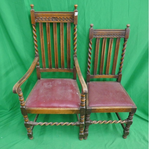 449 - 6 oak barley-twist chairs to include 2 carvers