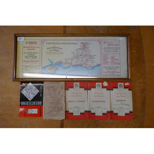 453 - Framed South Coast railway map together with a selection of maps