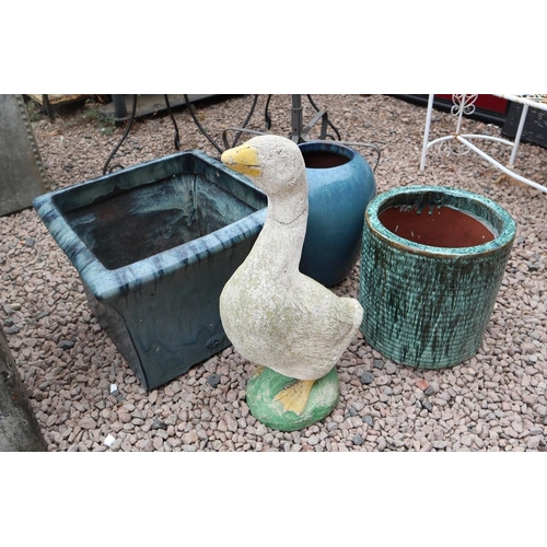 503 - 3 glazed terracotta planters together with stone duck