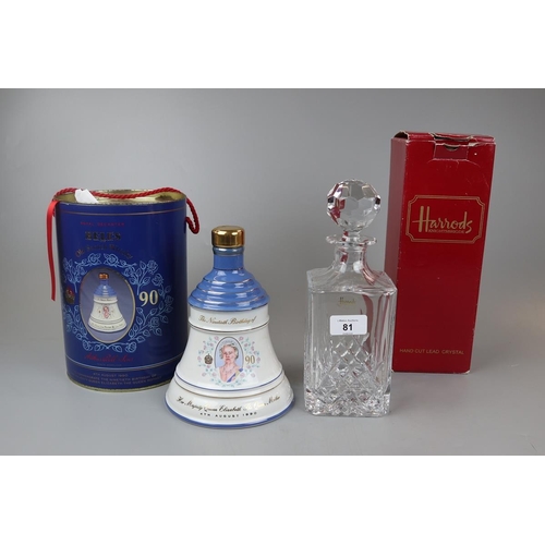 81 - Bell's Old Scottch whisky Wade commemorative bell and contents together with a Harrods cut glass dec... 