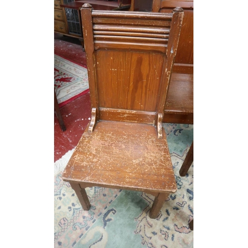 294 - 3 Gothic style pitch pine chairs