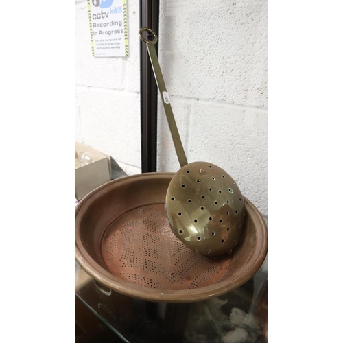 318 - Copper kettle and sieve together brass roaster