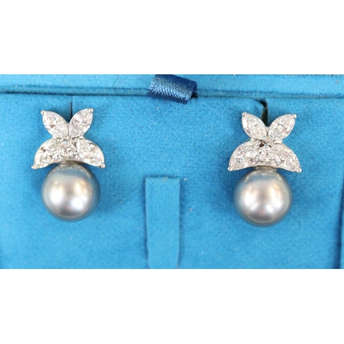 34 - Fine pair of 18ct white gold earrings set with marquise diamonds & pearls
