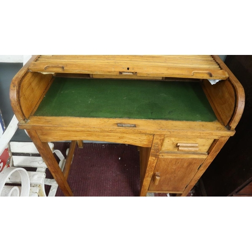 342 - Beechwood tambour top children's desk together with matching swivel chair - Approx: W: 70cm D: 44cm ... 