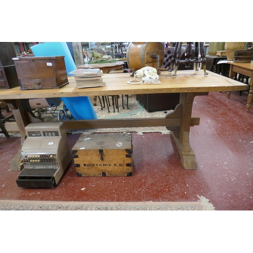 370 - Large & impressive stressed oak refectory table - Approx size: L: 236cm W: 90cm H: 79cm