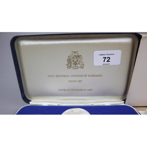 72 - Case set of proof Barbados coins (possibly containing 2 silver coins) together with Cook Island comm... 