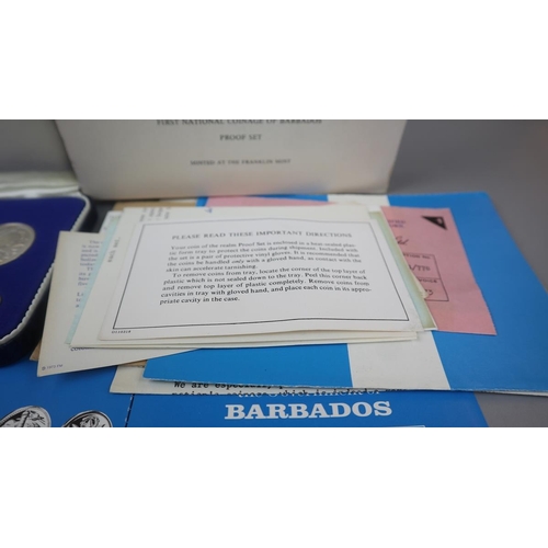 72 - Case set of proof Barbados coins (possibly containing 2 silver coins) together with Cook Island comm... 