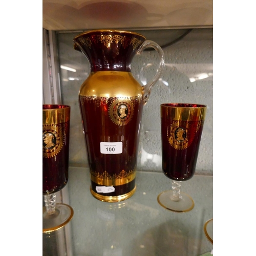 100 - Gilt cranberry glass lemonade set for 6