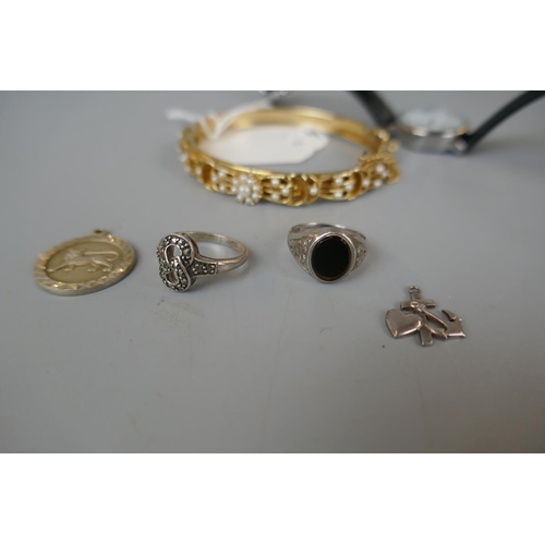 51 - Small collection of silver jewellery together with a gold tone bangle and a watch