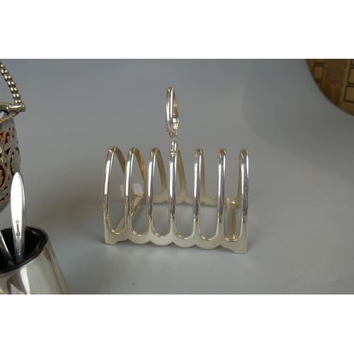 66 - Collection of silver plate to include silver handled cake knife and perfume bottle