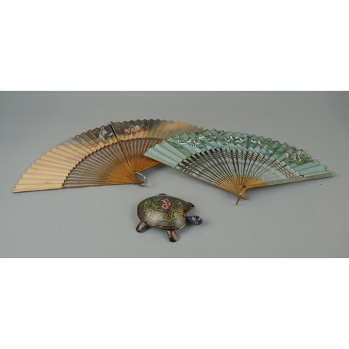 68 - Cloisonné turtle together with 2 vintage fans