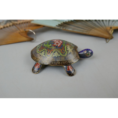 68 - Cloisonné turtle together with 2 vintage fans