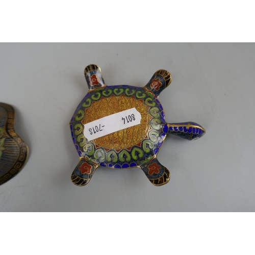 68 - Cloisonné turtle together with 2 vintage fans