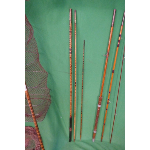 79 - 2 split cane fishing rods together with keep net etc.