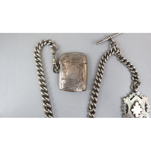 8 - Silver Albert chain, vesta case & a medal - Approx weight: 103g