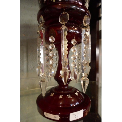 99 - Victorian hand painted cranberry glass luster vase - Approx height: 36cm