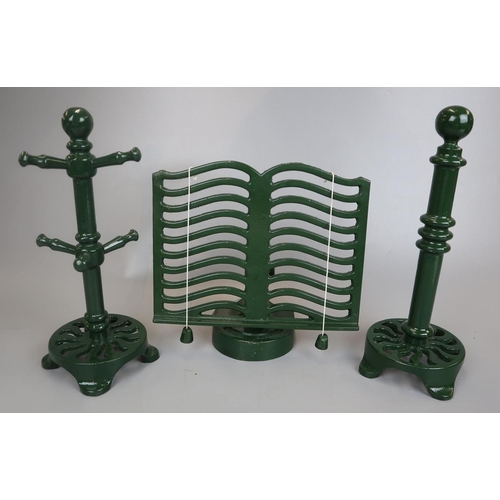 117 - Trio of cast iron kitchen items to include recipe book stand