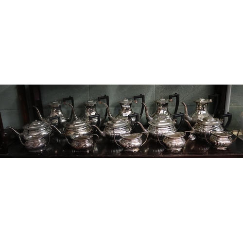 122 - Good collection of silver plate comprising of 5 sets of coffee pots, teapots & sugar bowls