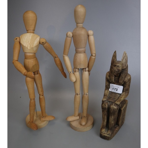 170 - 2 articulated wooden models together with an Egyptian figurine