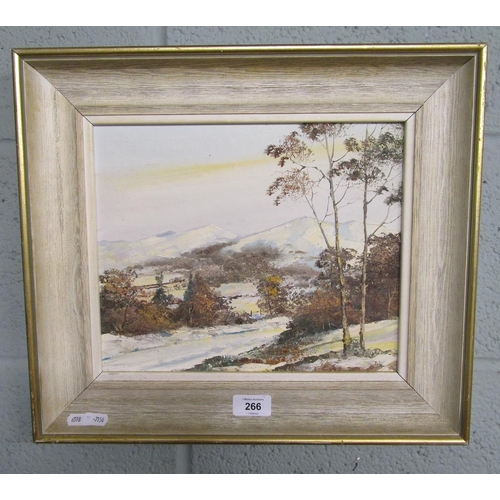 266 - Oil on board - Snowfall on the Malverns by Atkin - Approx image size: 29cm x 24cm