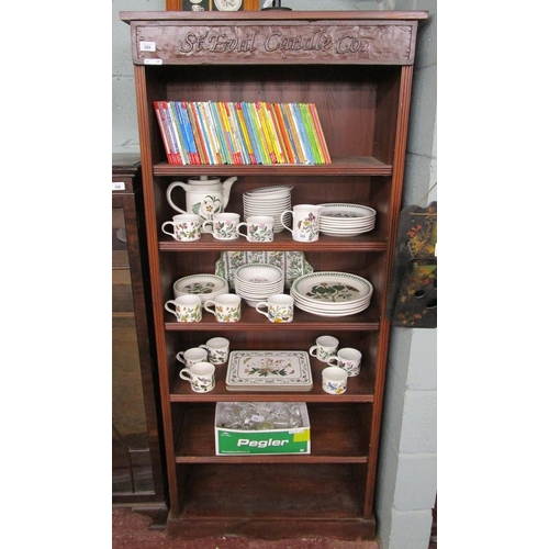 289 - Tall bookcase with carved advertising panel attached - St Eval Candle Co. - Approx size: W: 74cm D:3... 