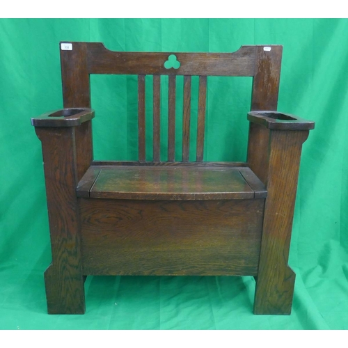 332 - Arts & Crafts oak hall seat with stick stand